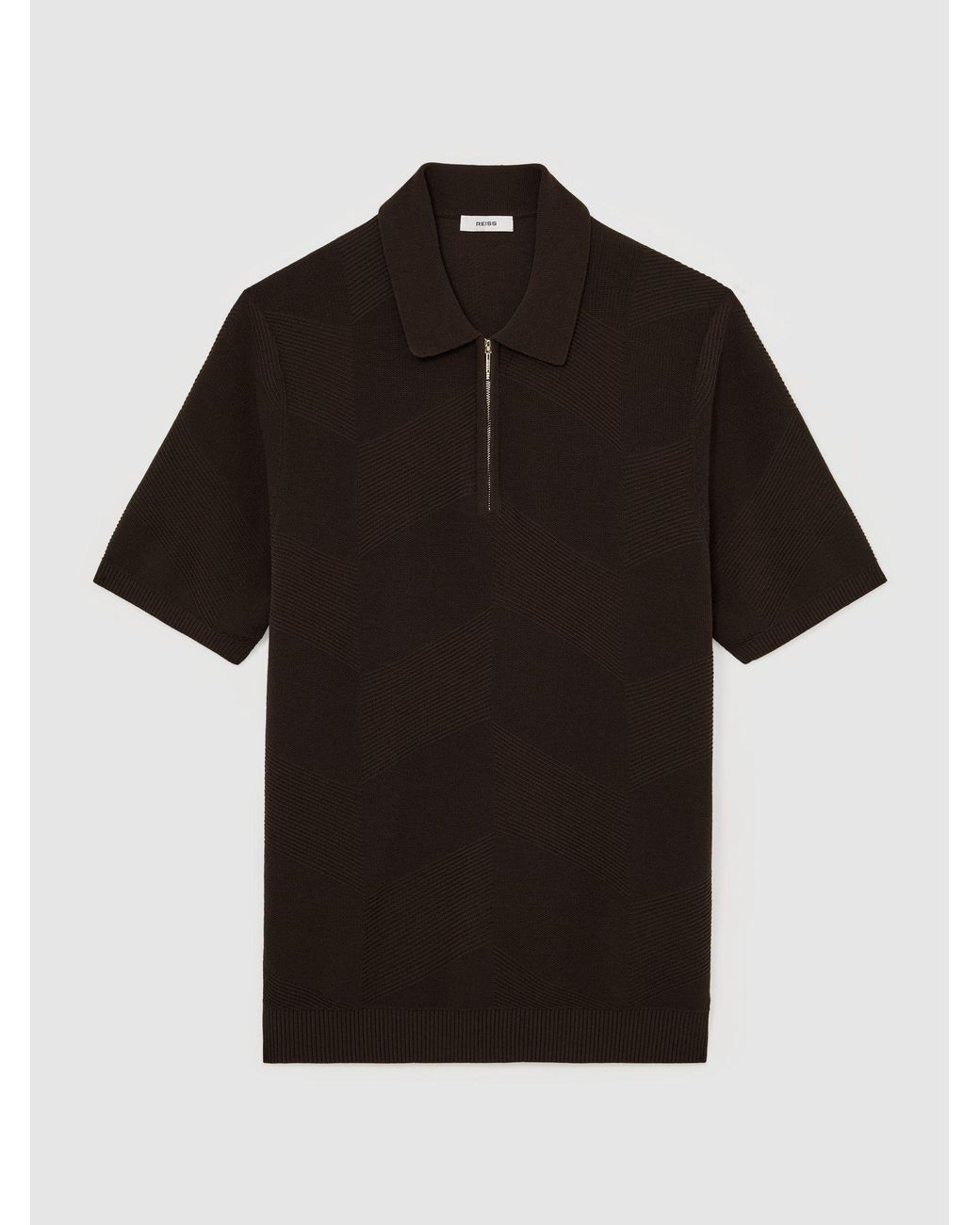 Reiss Black Cotton-Blend Chevron-Knit Half-Zip Polo Shirt for men