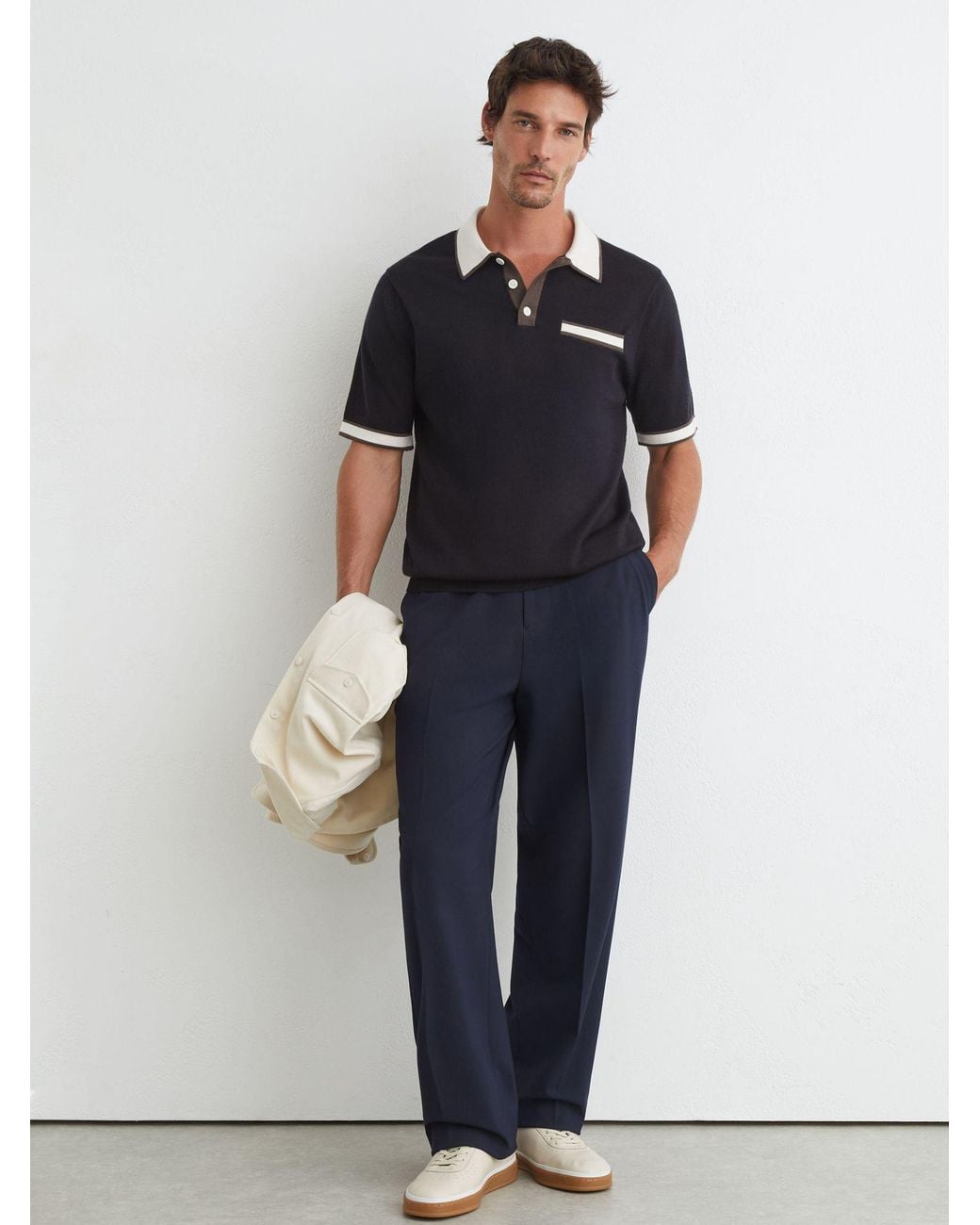 Reiss Black Merino Wool Contrast-Trim Polo Shirt for men
