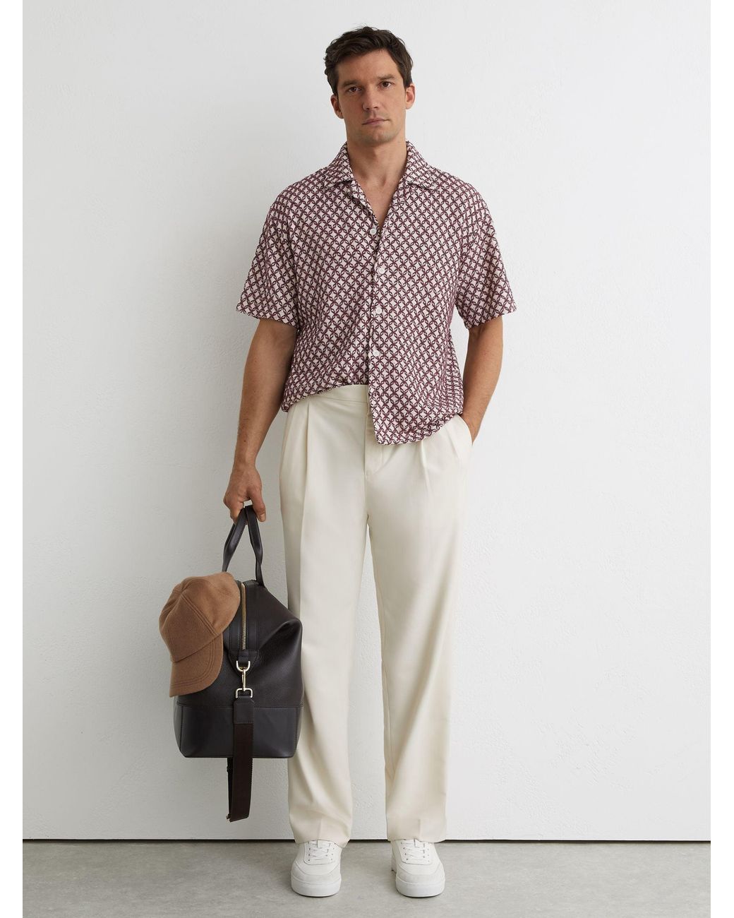 Reiss Brown Cotton-Blend Embroidered Crochet Shirt for men