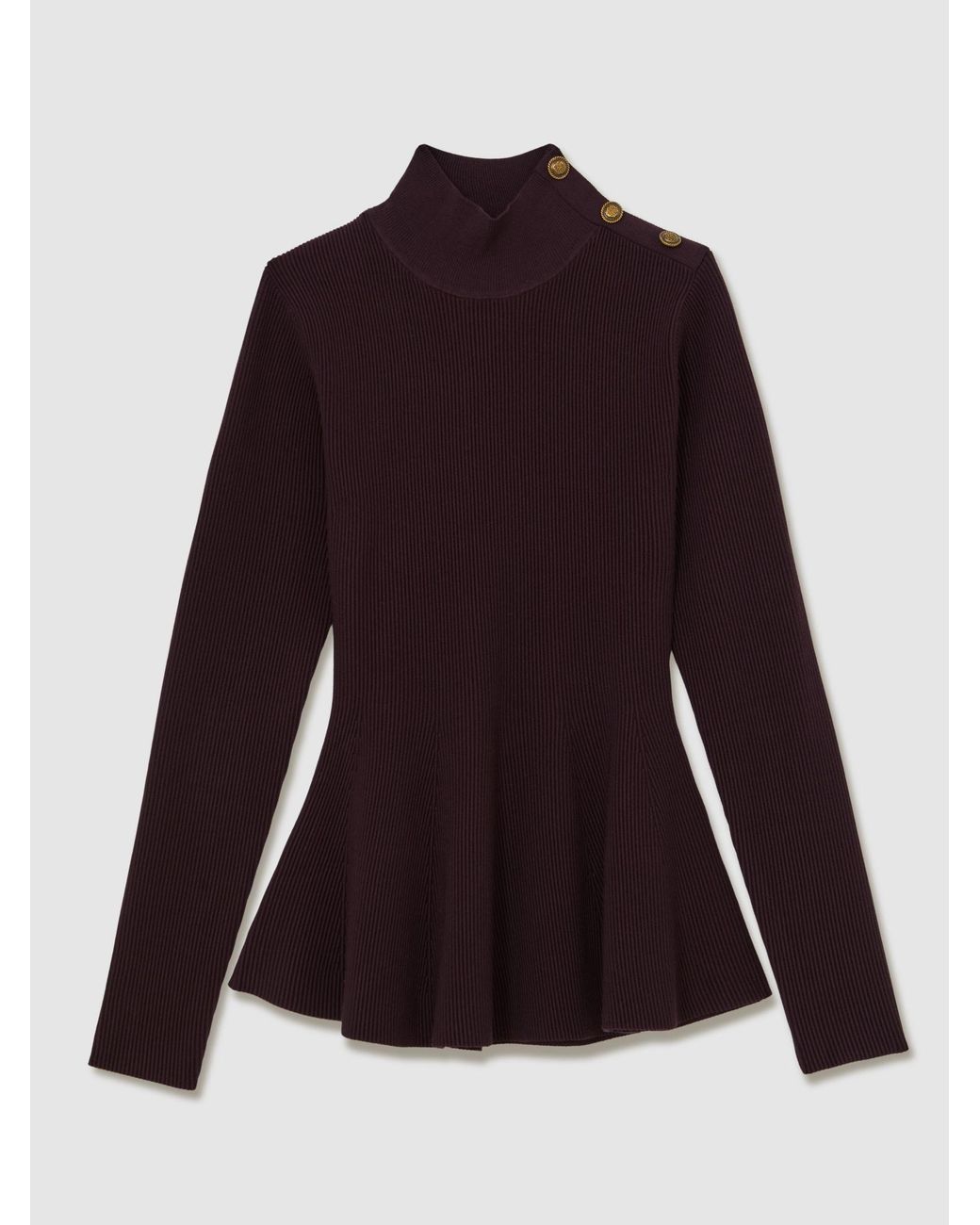 Reiss Blue Rib-Knit High-Neck Peplum Top