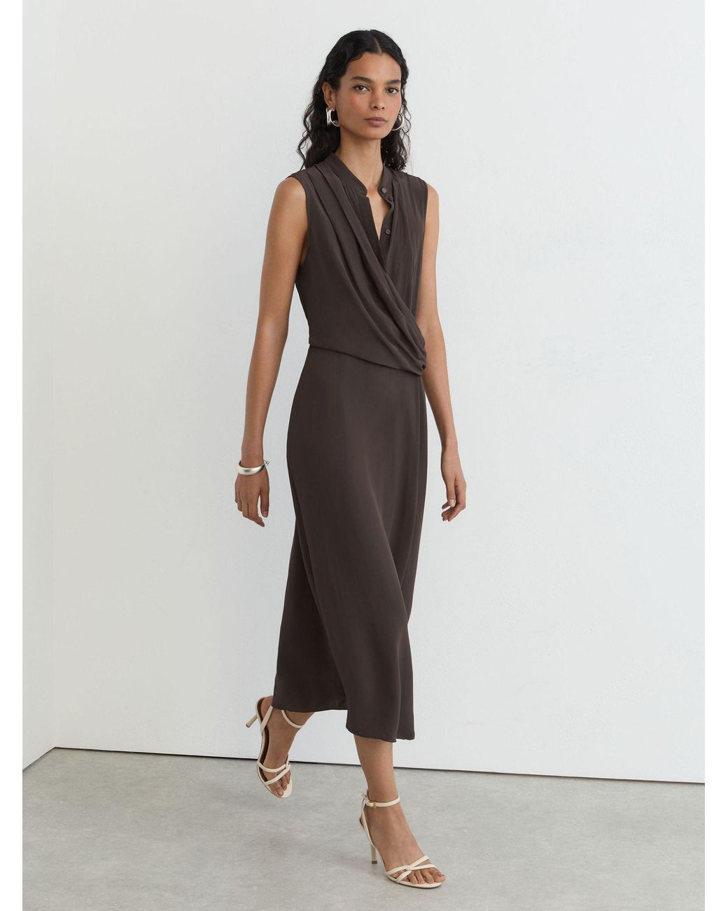 Reiss White Drape-Detail Band-Collar Midi Dress