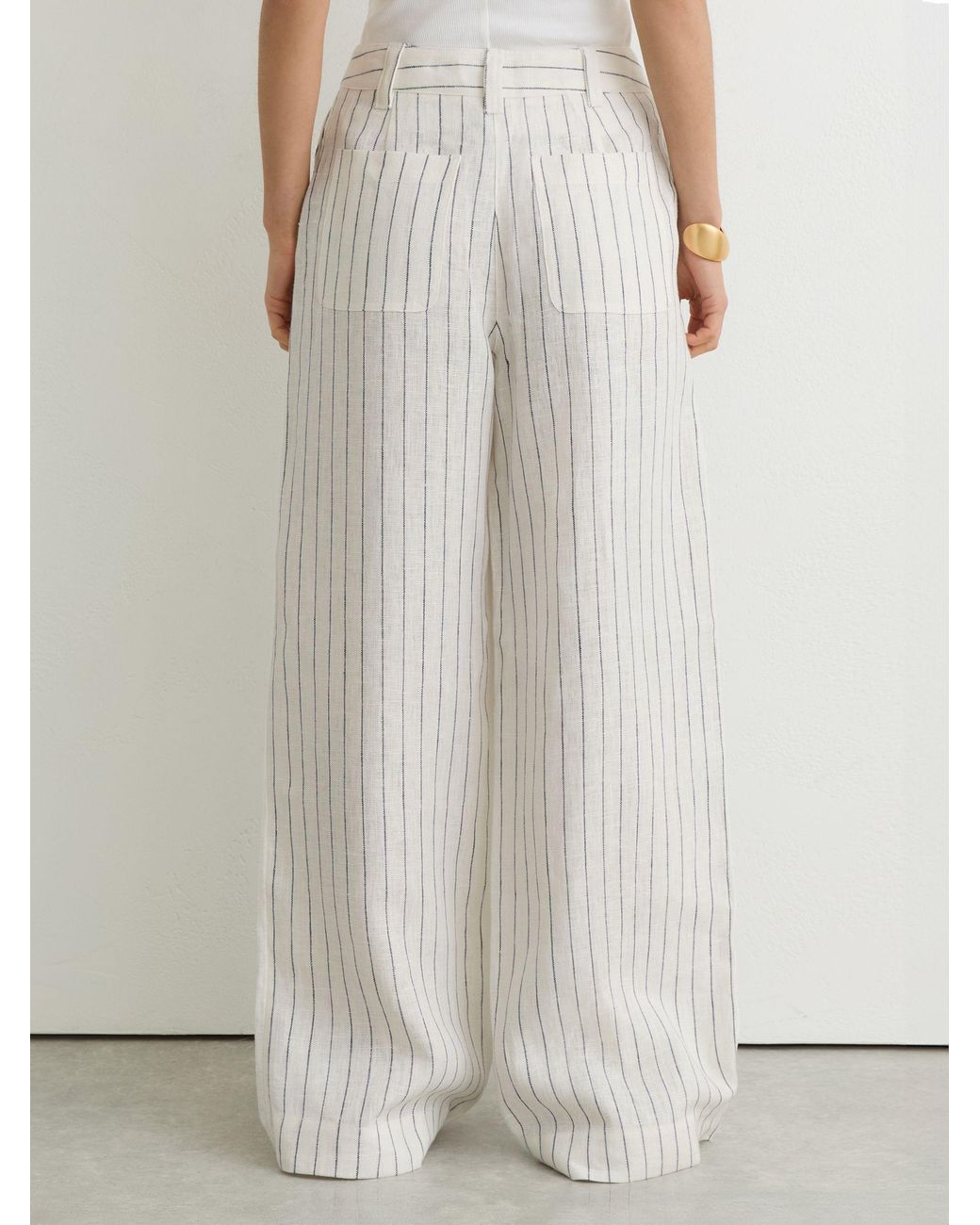 Reiss White Linen Pinstripe Wide-Leg Trousers