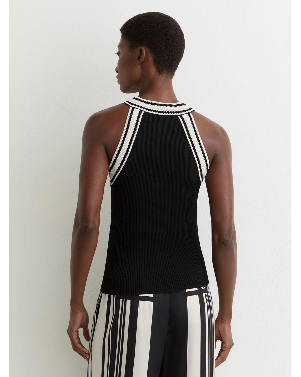 Reiss White Contrast-Neckline Rib-Knit Top