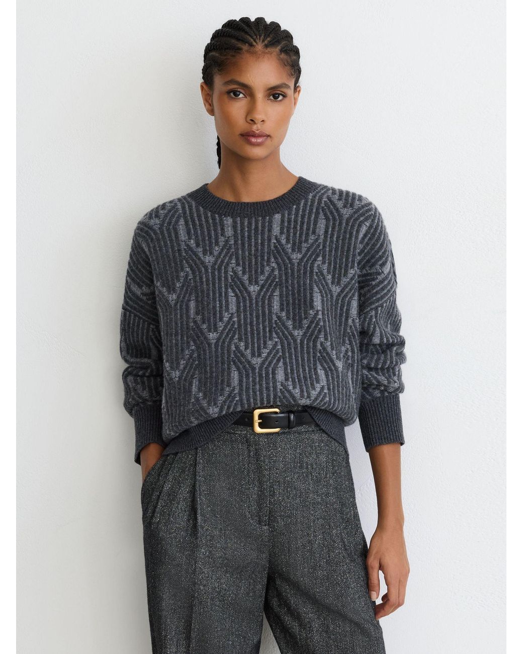 Reiss Gray Leah - Grey Wool-cashmere Jacquard-knit Jumper, Xs (us 2)