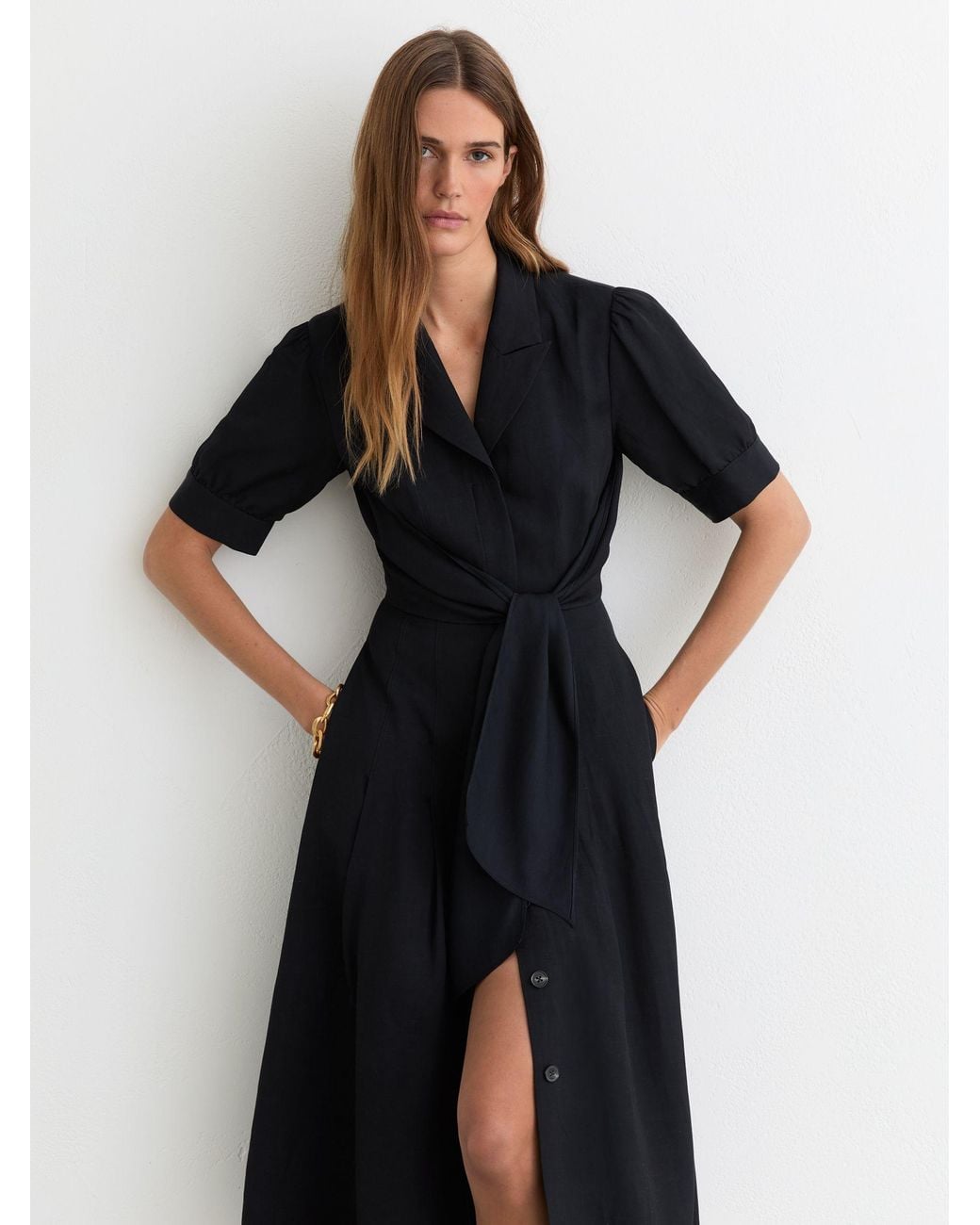 Reiss Black Short-Sleeve Belted Midi Dress With Linen