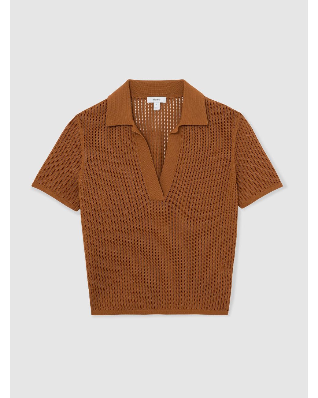 Reiss Brown Open-Stitch Knitted Polo Top