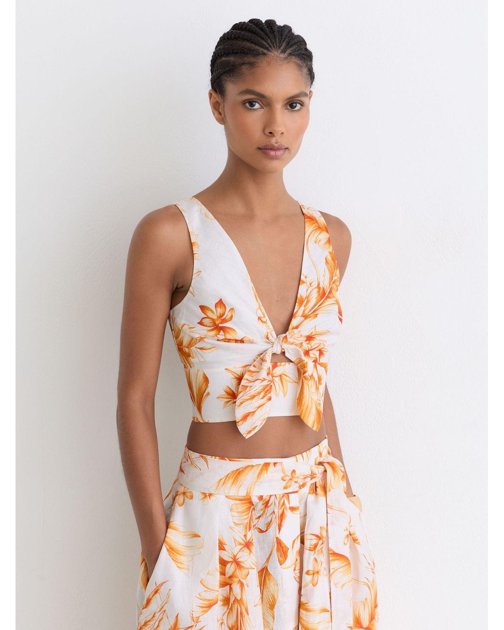 Reiss Pink Linen Floral-Print Maxi Skirt
