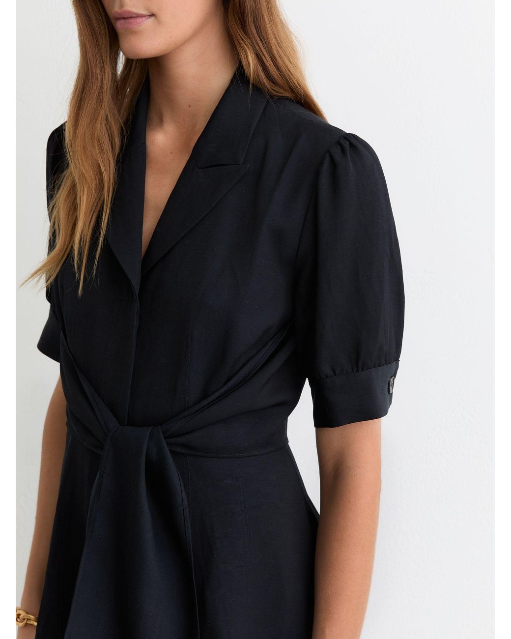 Reiss Black Short-Sleeve Belted Midi Dress With Linen
