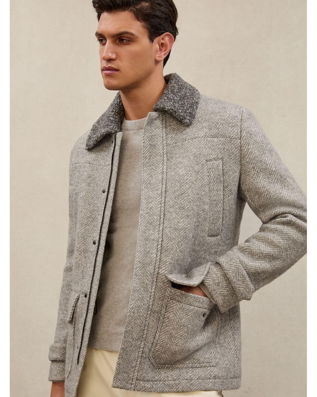 Reiss Gray Atelier Wool-Cotton Herringbone Jacket for men