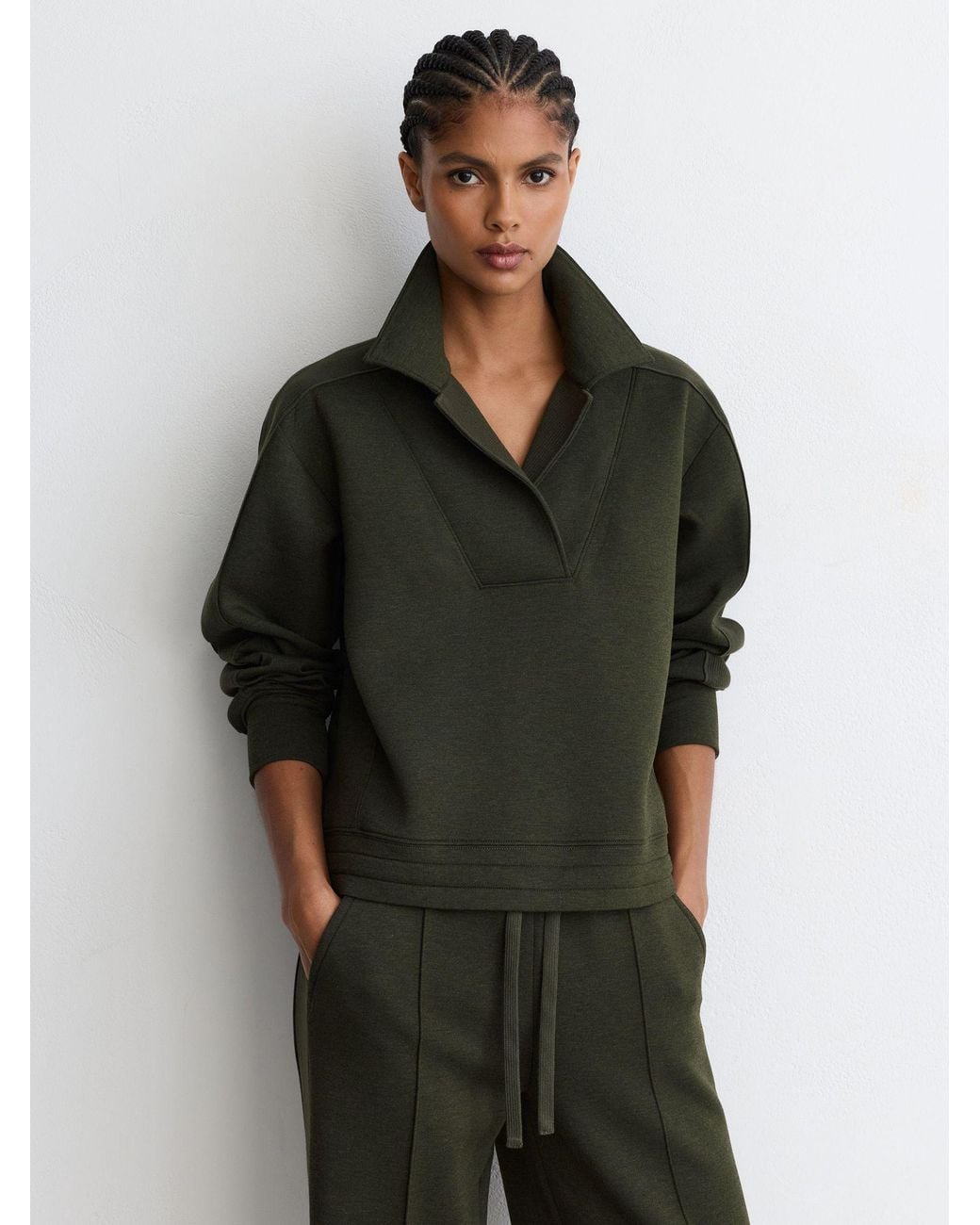 Reiss Green Premium Interlock Collared Rib-Detail Sweatshirt