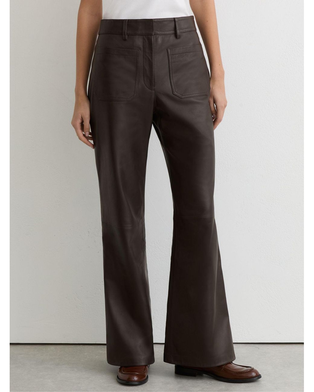 Reiss White Priya - Chocolate Brown Leather Patch-pocket Flared Trousers, Us 4 Regular