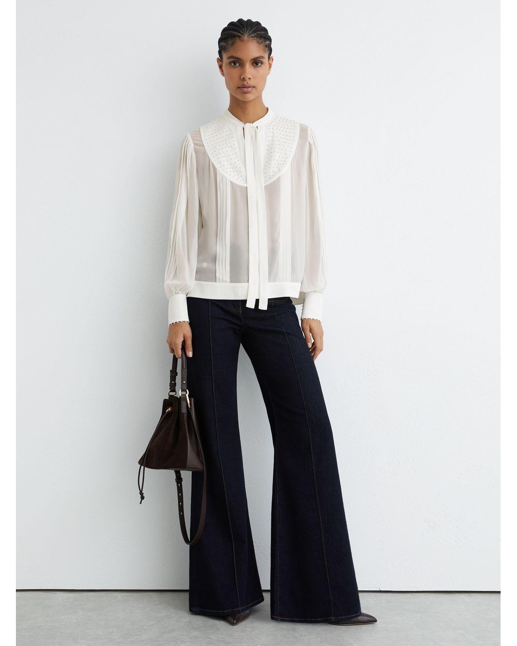 Reiss White Georgette Tie-Neck Beaded Blouse