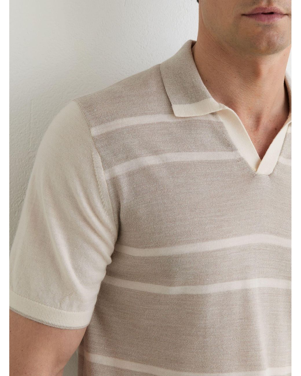 Reiss White Oatmeal & Merino Wool Striped-Knit Polo Jumper for men