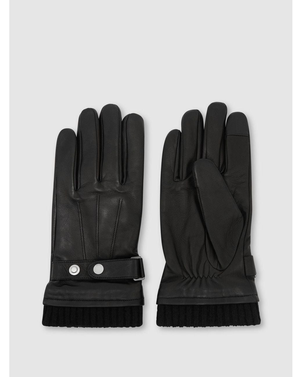 Reiss Black Leather Ribbed-Cuff Gloves for men