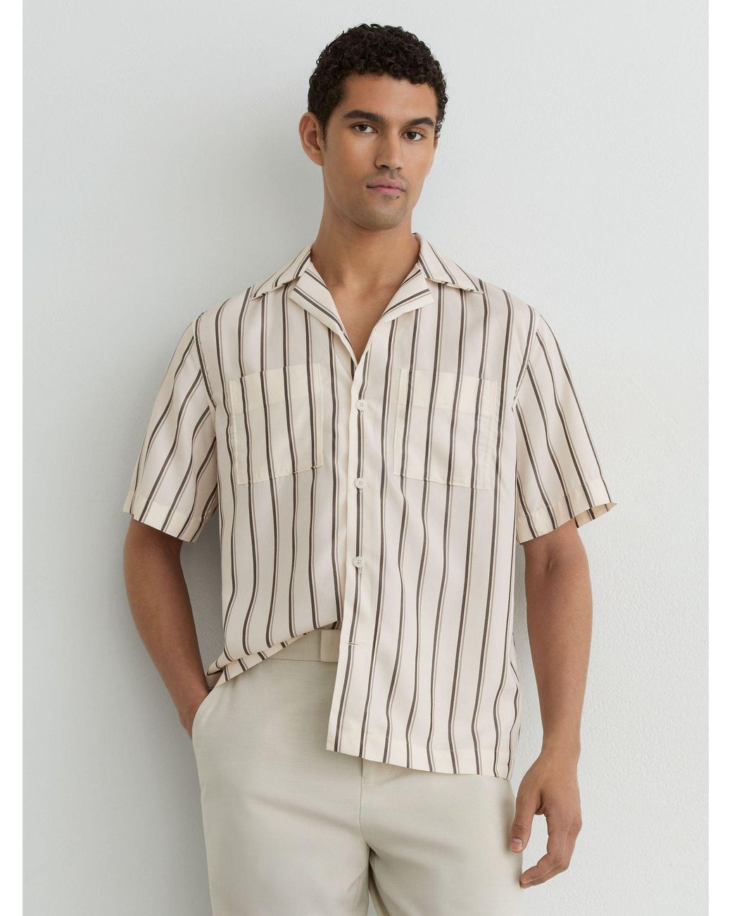 Reiss Brown Lyocell Stripe Relaxed Cuban-Collar Shirt for men