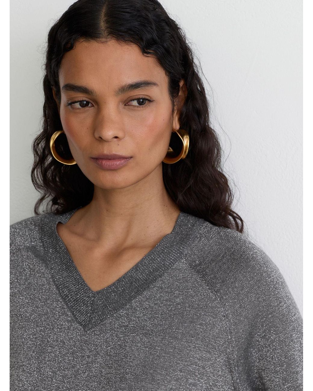 Reiss Gray Wool-Blend Metallic-Knit V-Neck Jumper