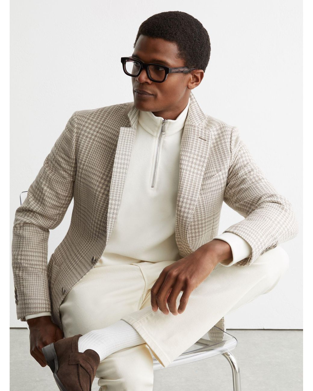 Reiss Natural Bardo - Soft Grey Cotton And Wool Single-breasted Blazer Classic-fit In Check, Us 44 for men