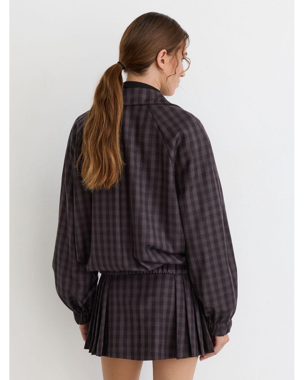 Reiss Gray Grape Check Carla Petite Wool Gingham-Check Bomber Jacket