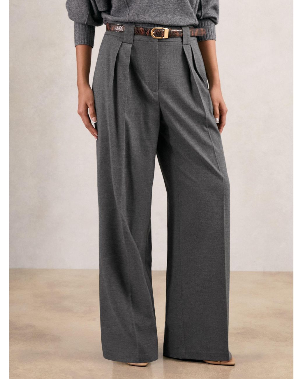 Reiss Gray Poppie - Grey Wide-leg Pleated Trousers, Us 10 Regular