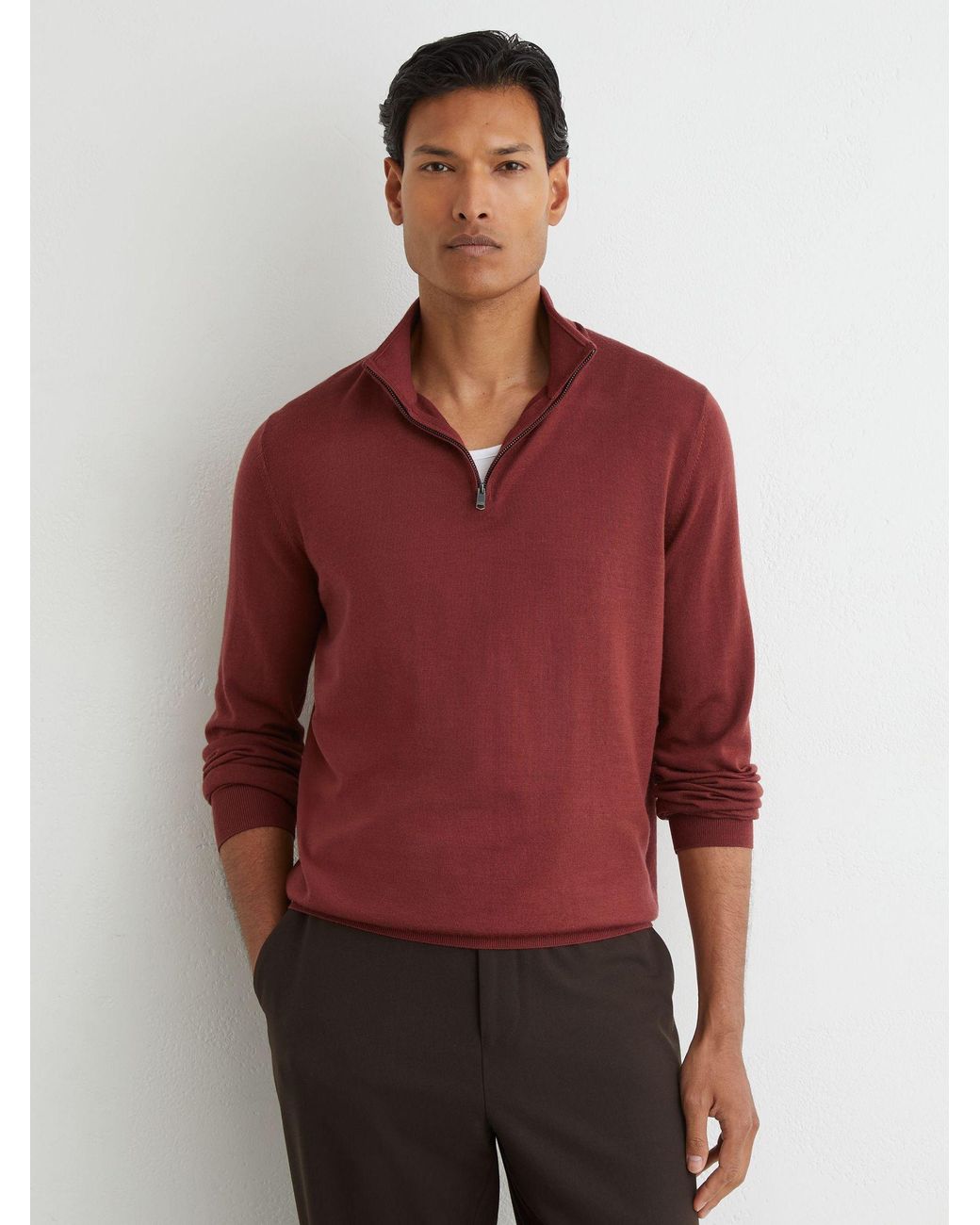 Reiss Red Merino Wool Half-Zip Funnel-Neck Jumper for men