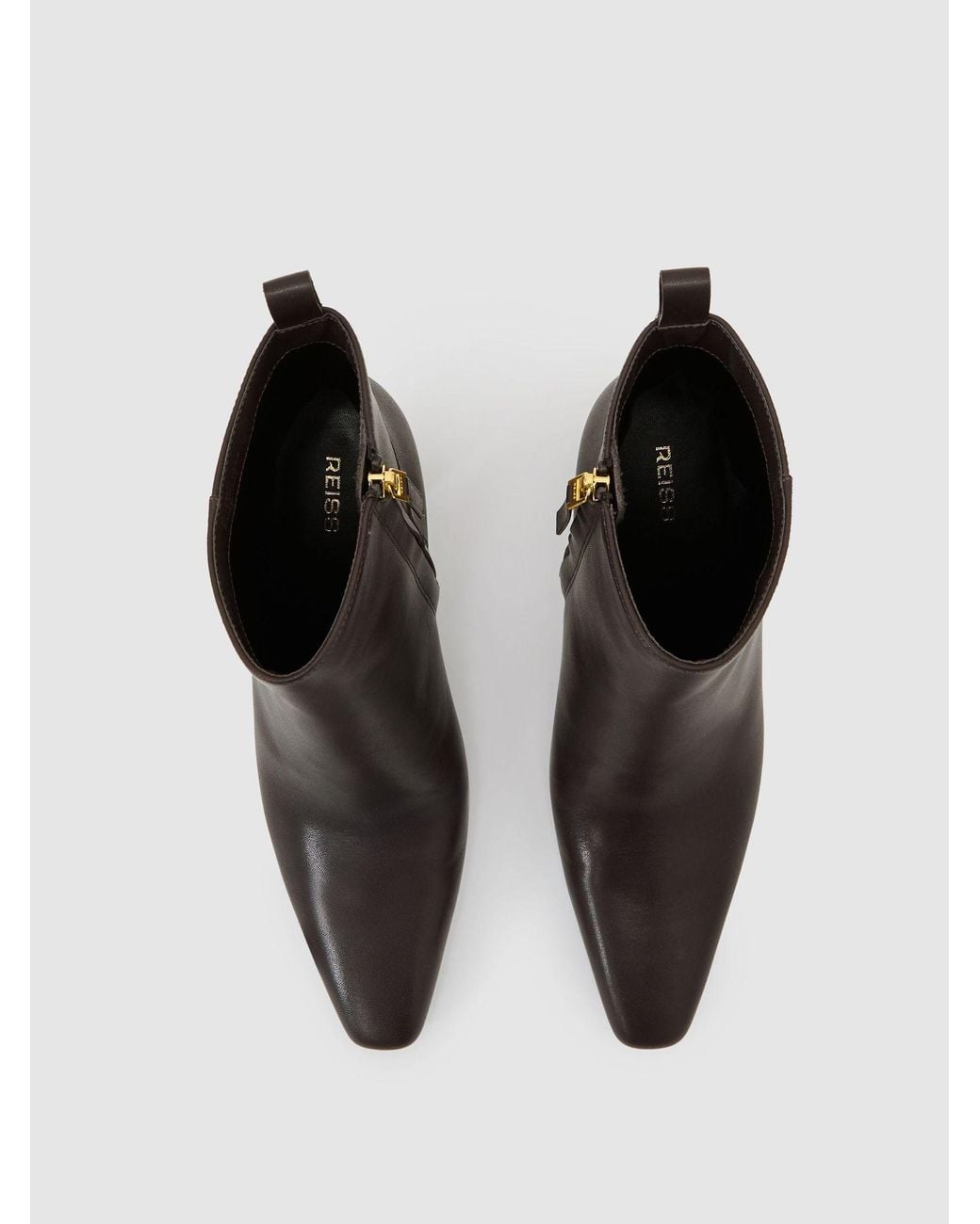 Reiss Brown Leather Chisel-Toe Block-Heel Ankle Boots