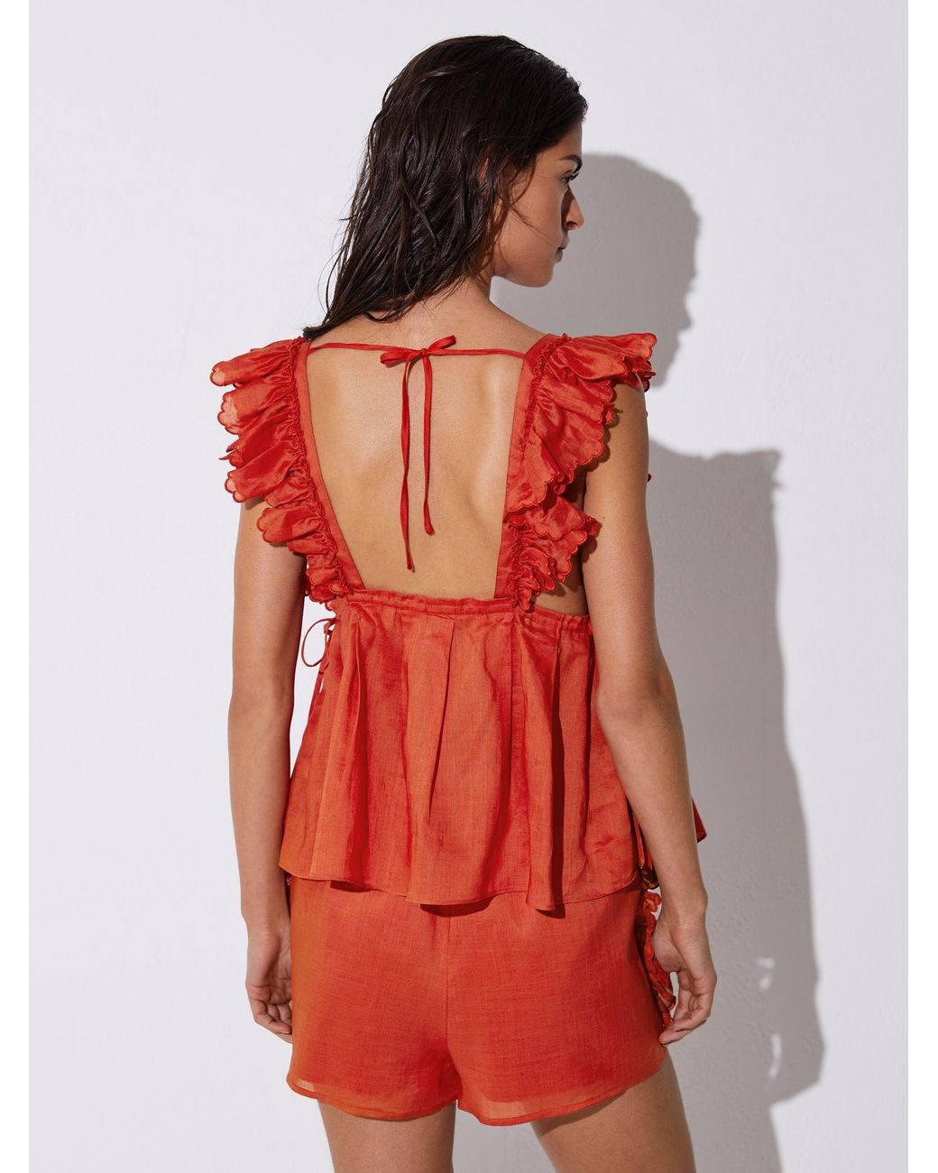 Reiss Red Ruffle Trim Side-Tie Babydoll Top