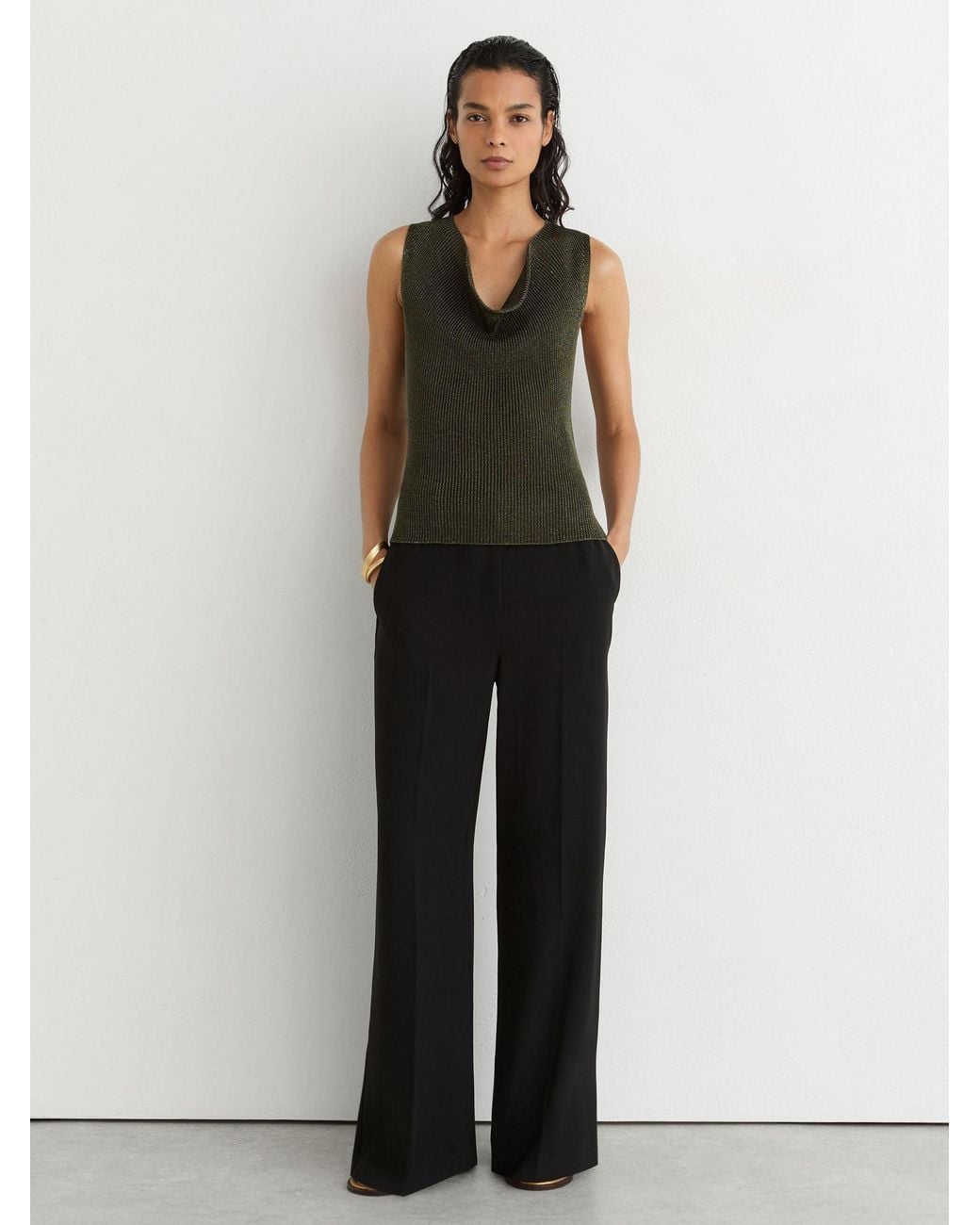 Reiss Black Simone - Green Cowl-neck Metallic-knit Sleeveless Top, S (us 4-6)