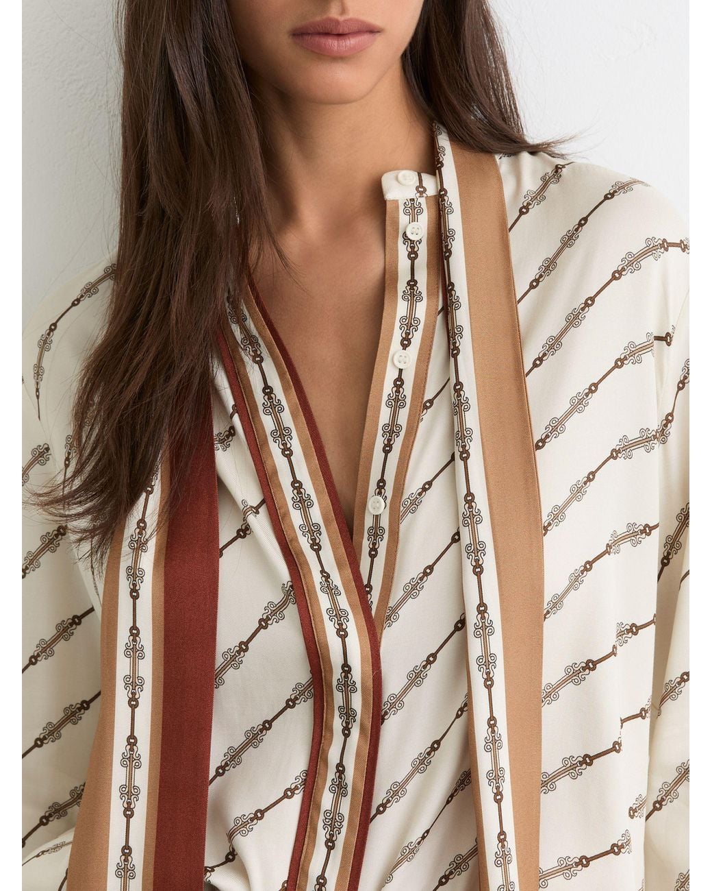 Reiss Natural Lydia - Ivory Chain-print Tie-neck Shirt, Us 10