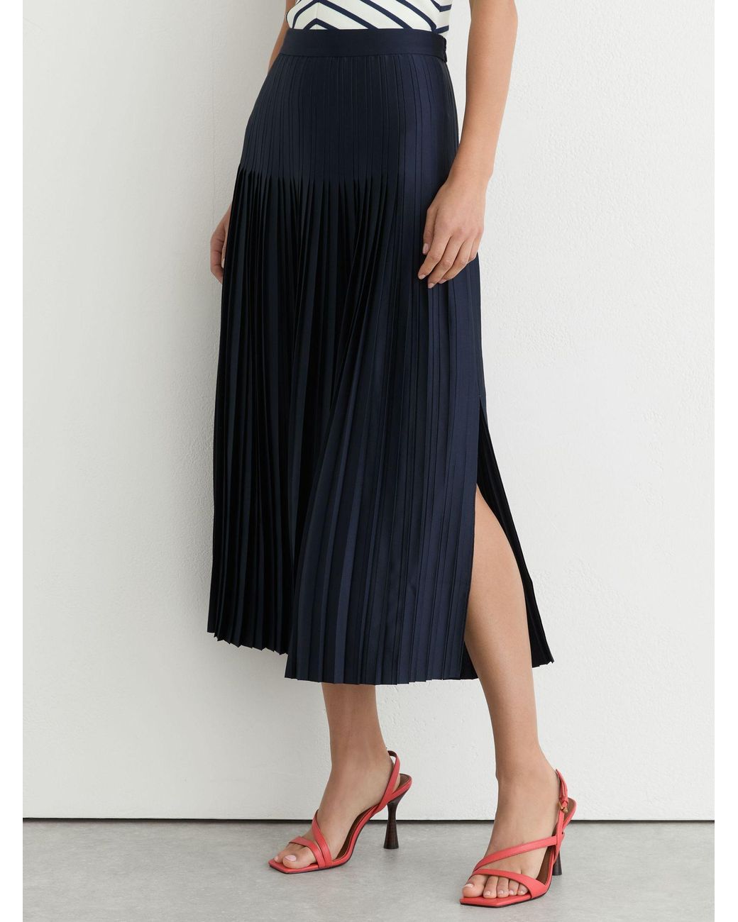 Reiss Blue Satin Pleated Midi Skirt