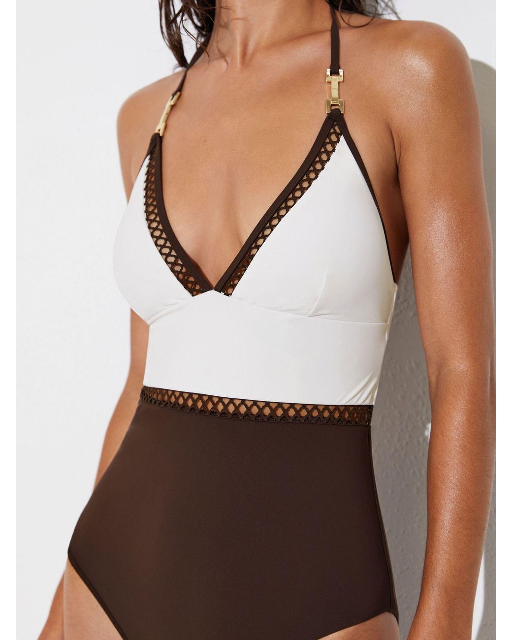 Reiss White Chocolate Colour-Block Lattice-Trim Swimsuit
