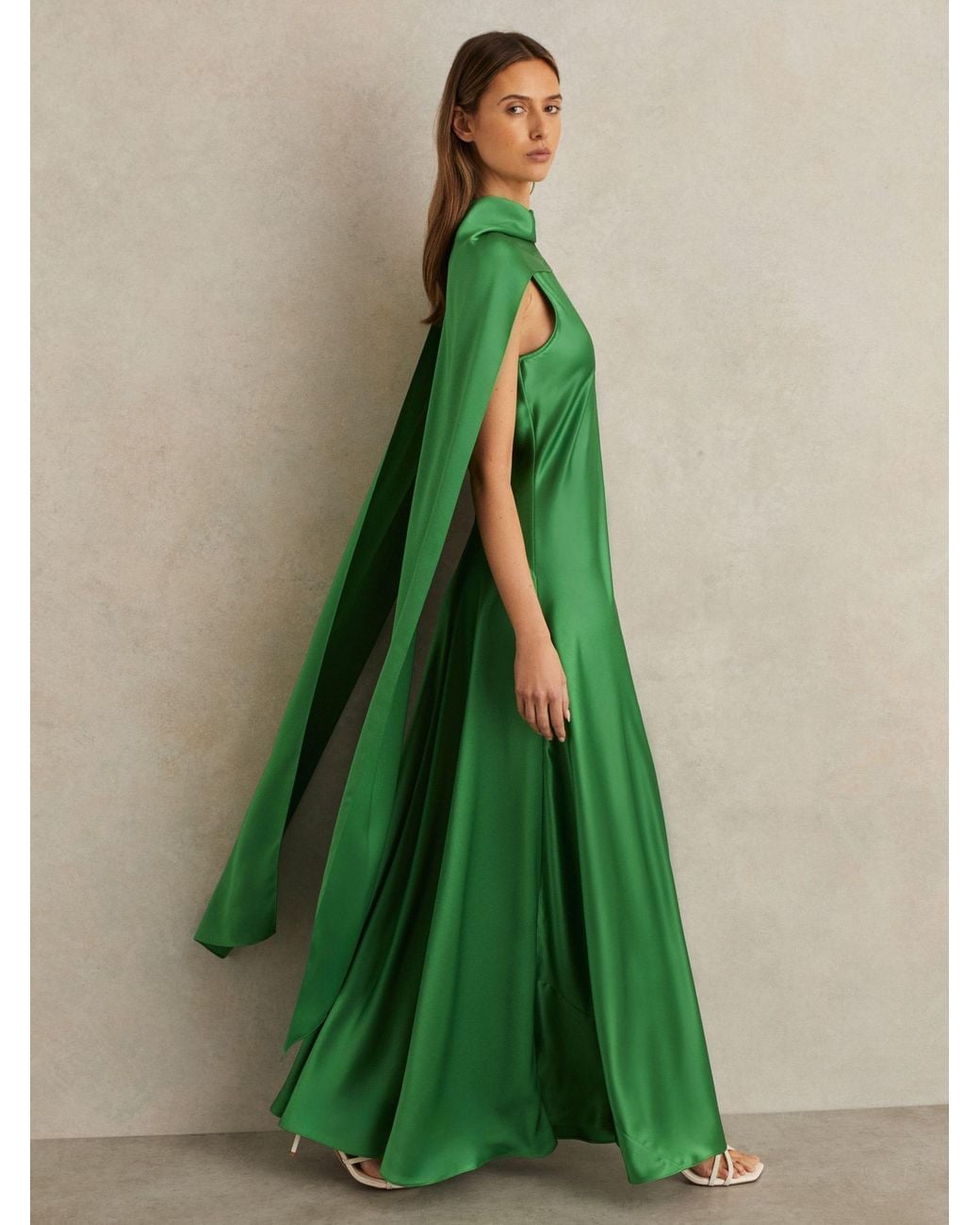 Reiss Fae - Green Satin Cape Maxi Dress, Us 6