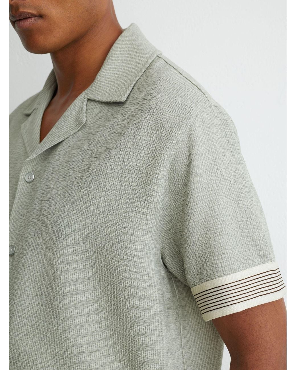Reiss Gray Textured Stripe-Tape Cuban-Collar Shirt for men