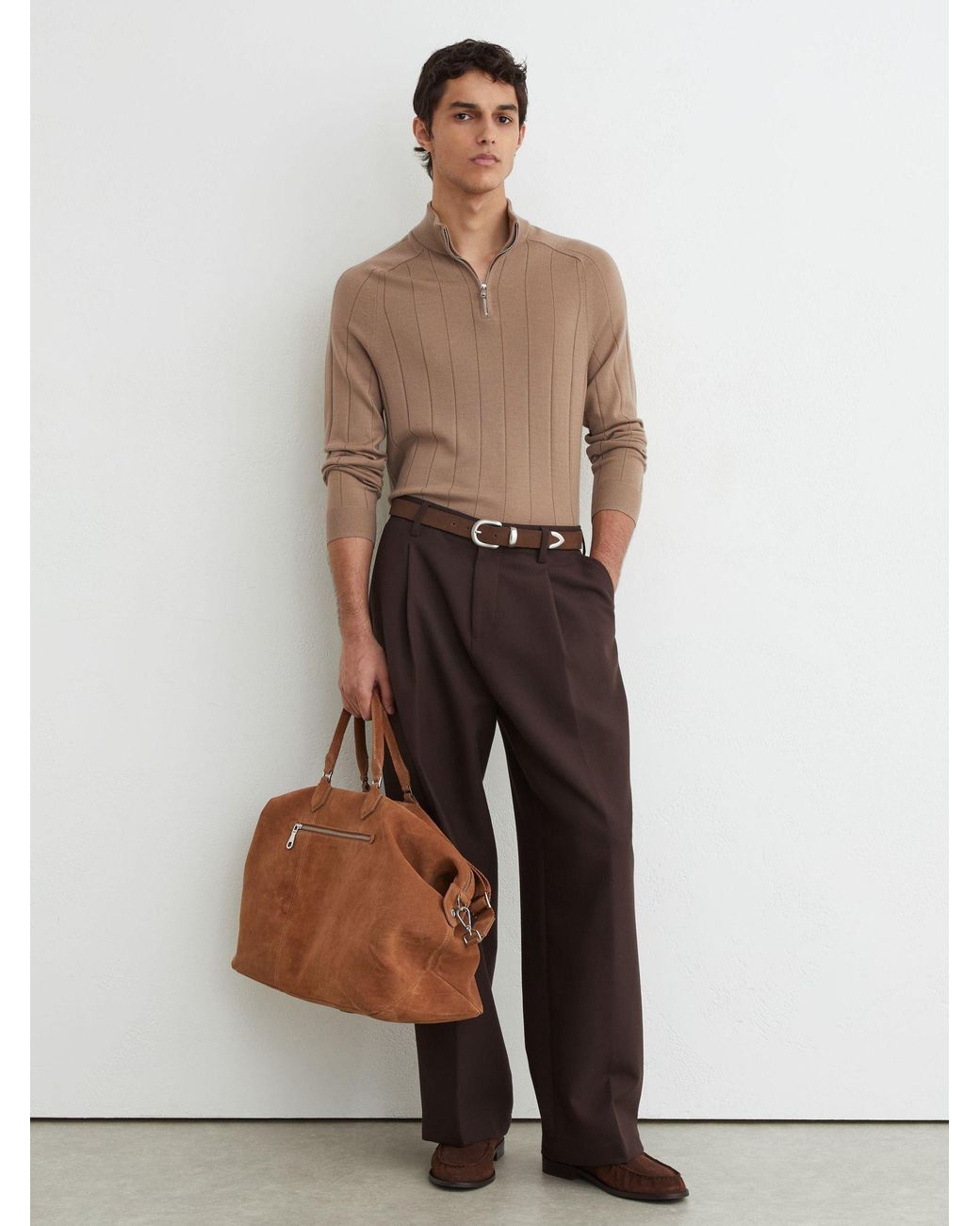 Reiss Findlay - Camel Brown Merino Wool Wide-rib Half-zip Jumper, L for men