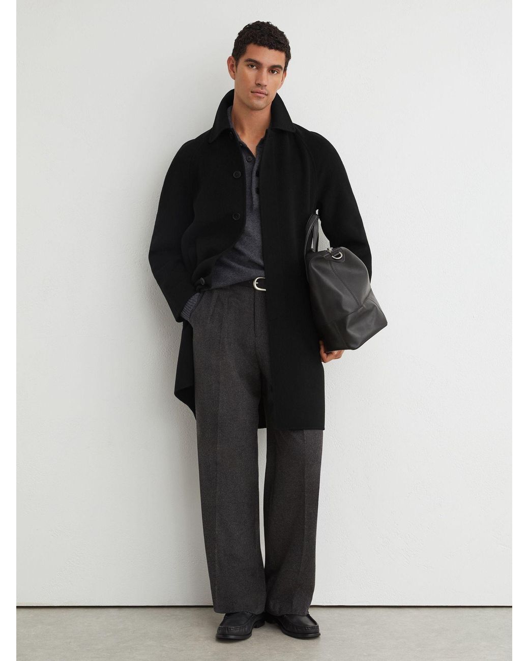 Reiss Black Wool-Blend Single-Breasted Raglan Overcoat for men