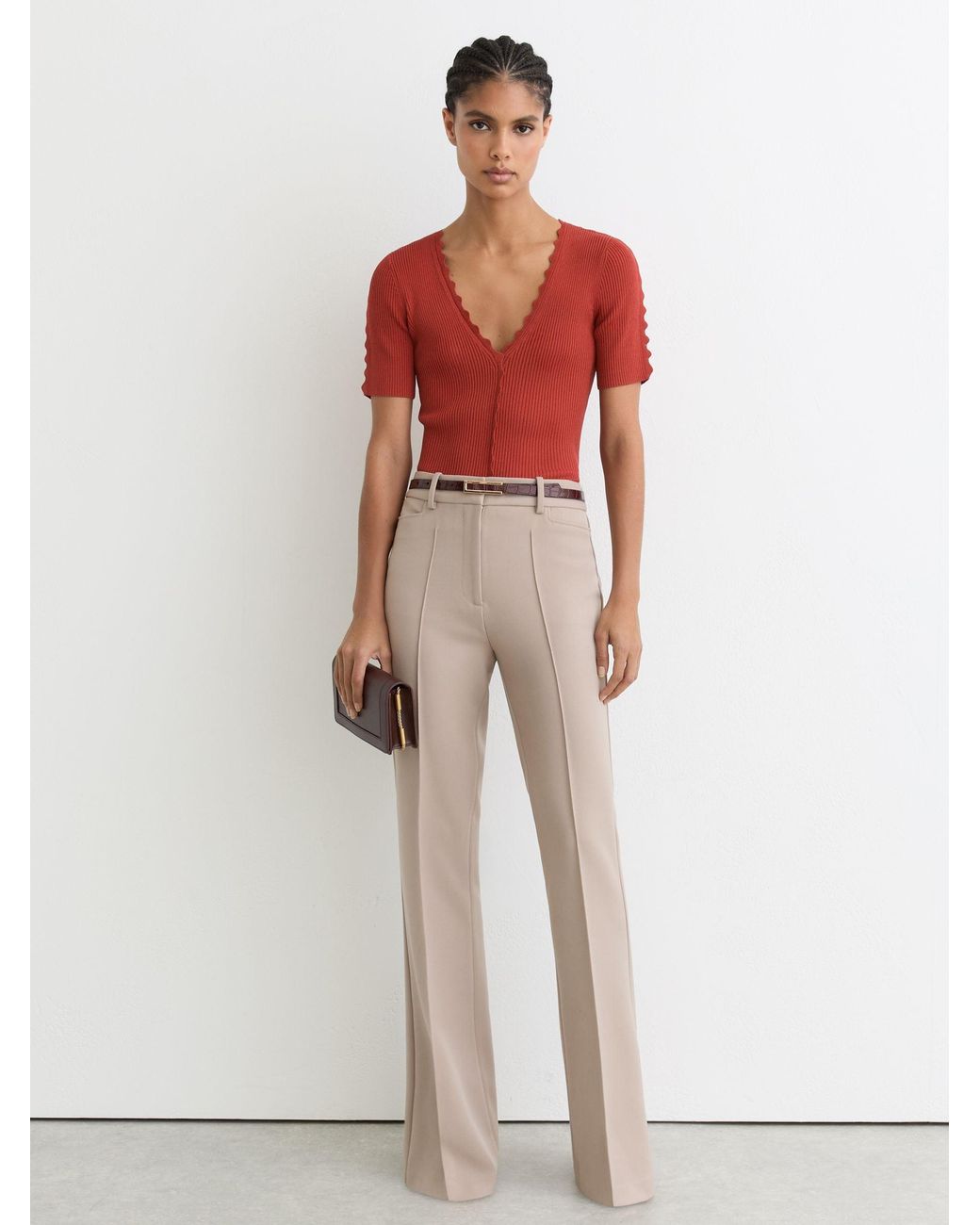 Reiss Red Scallop-Trim Rib-Knit Top
