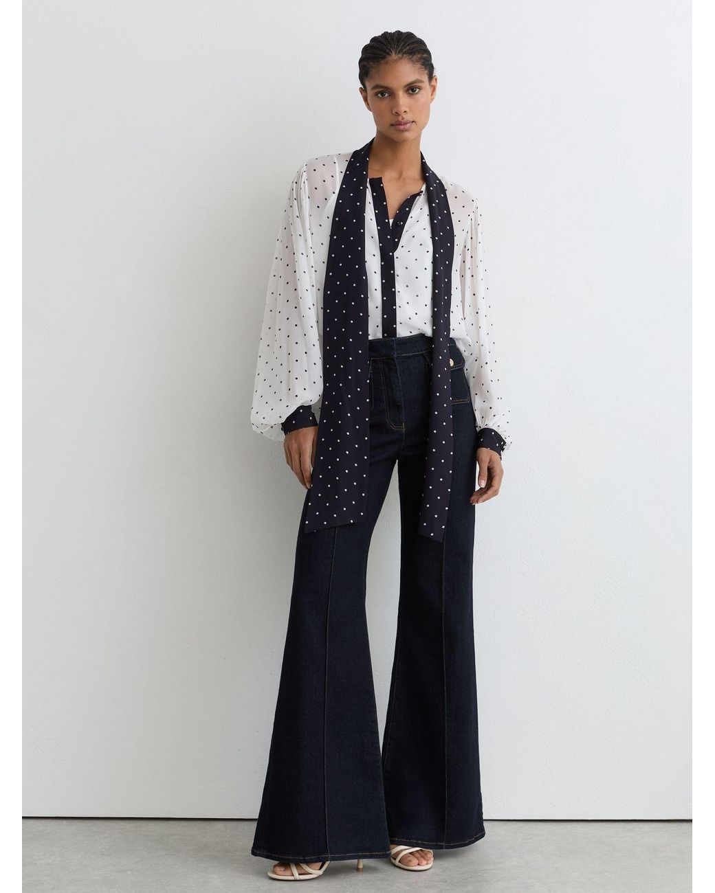 Reiss Blue Arial - Ivory/navy Polka-dot Tie-neck Blouse, Us 4
