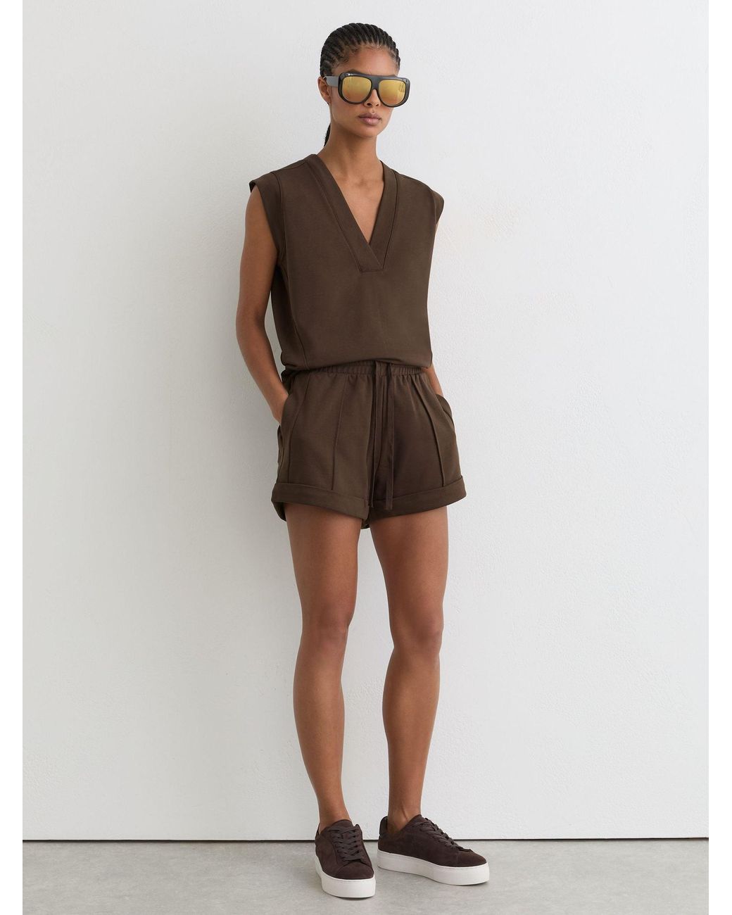 Reiss Natural Willa - Chocolate Brown Cotton-blend Drawstring Sweat Shorts, Xl (us 16-18)
