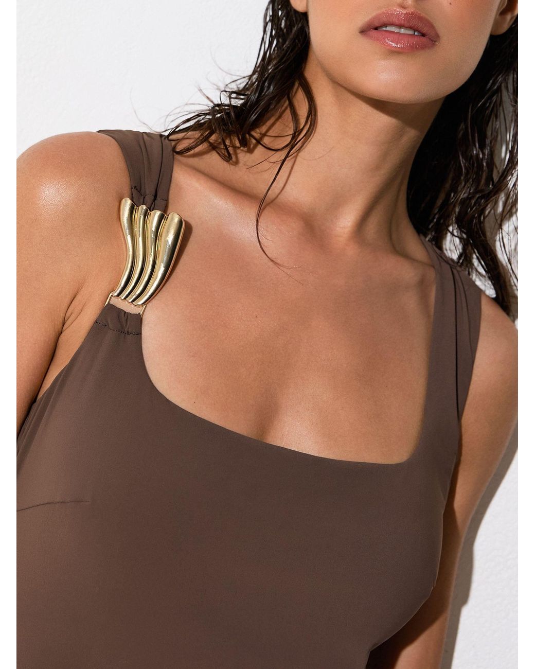 Reiss Brown Hardware-Detail Square-Neck Swimsuit