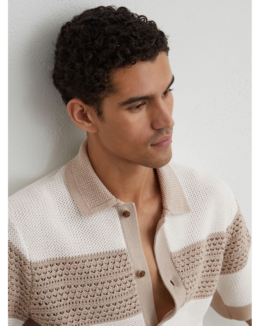 Reiss White Stone Cotton Block-Stripe Knitted Shirt for men