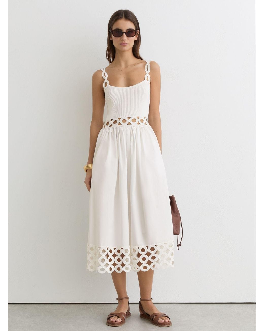 Reiss White Rita Rib-Knit Woven Mix Cut-Out Midi Dress