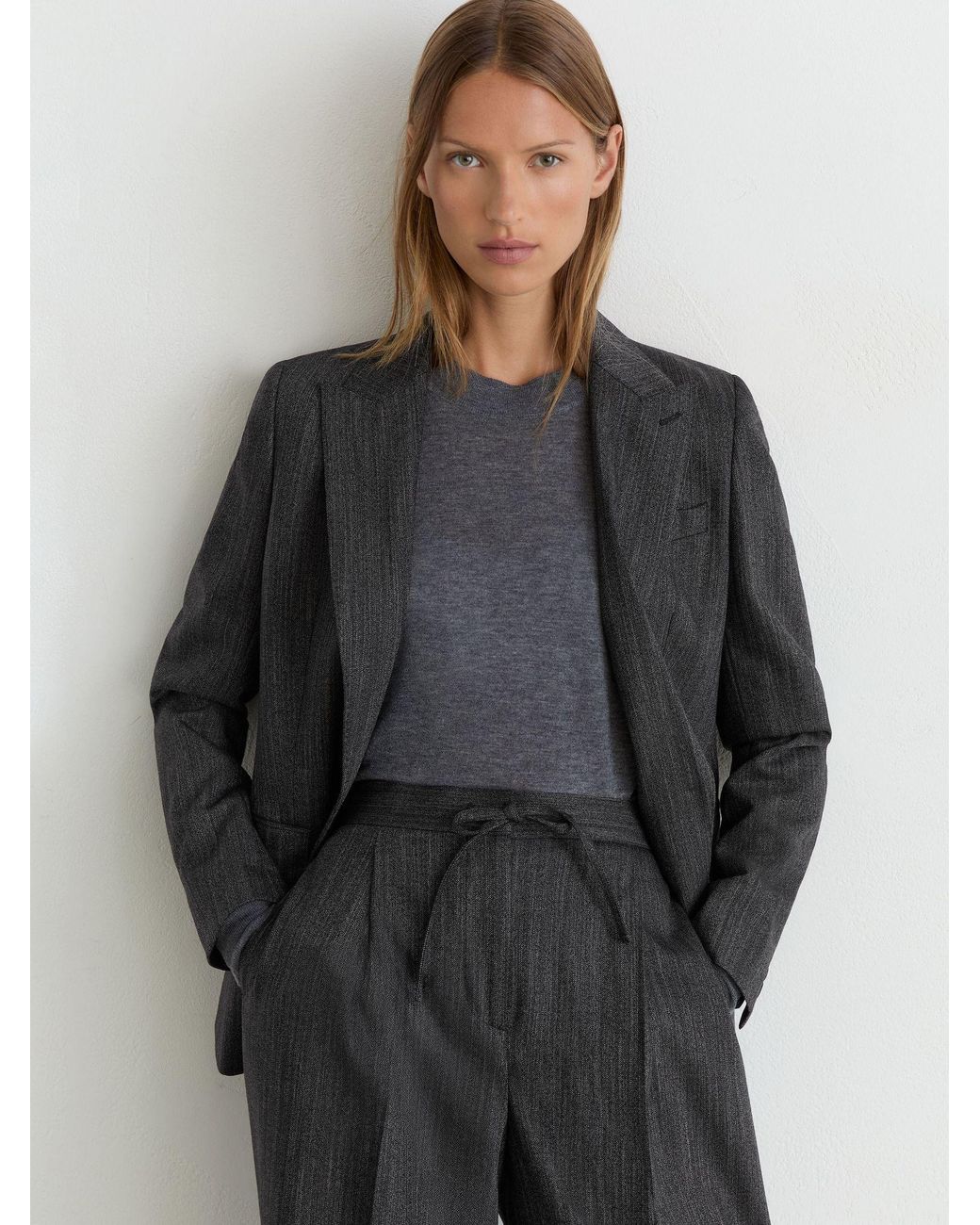 Reiss Gray Wool-Blend Herringbone Wide-Leg Trousers