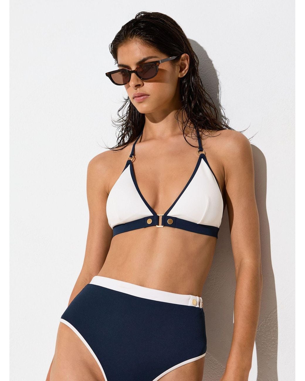 Reiss Blue Contrast Halterneck Triangle Bikini Top