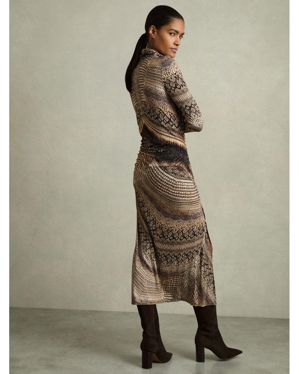 Reiss Natural Naomi - Brown Snake-print Draped Midi Dress, S (us 4-6)
