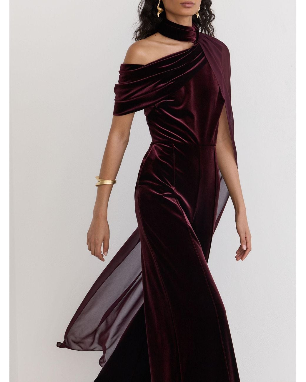 Reiss Red Petite Velvet Drape-Detail One-Shoulder Jumpsuit