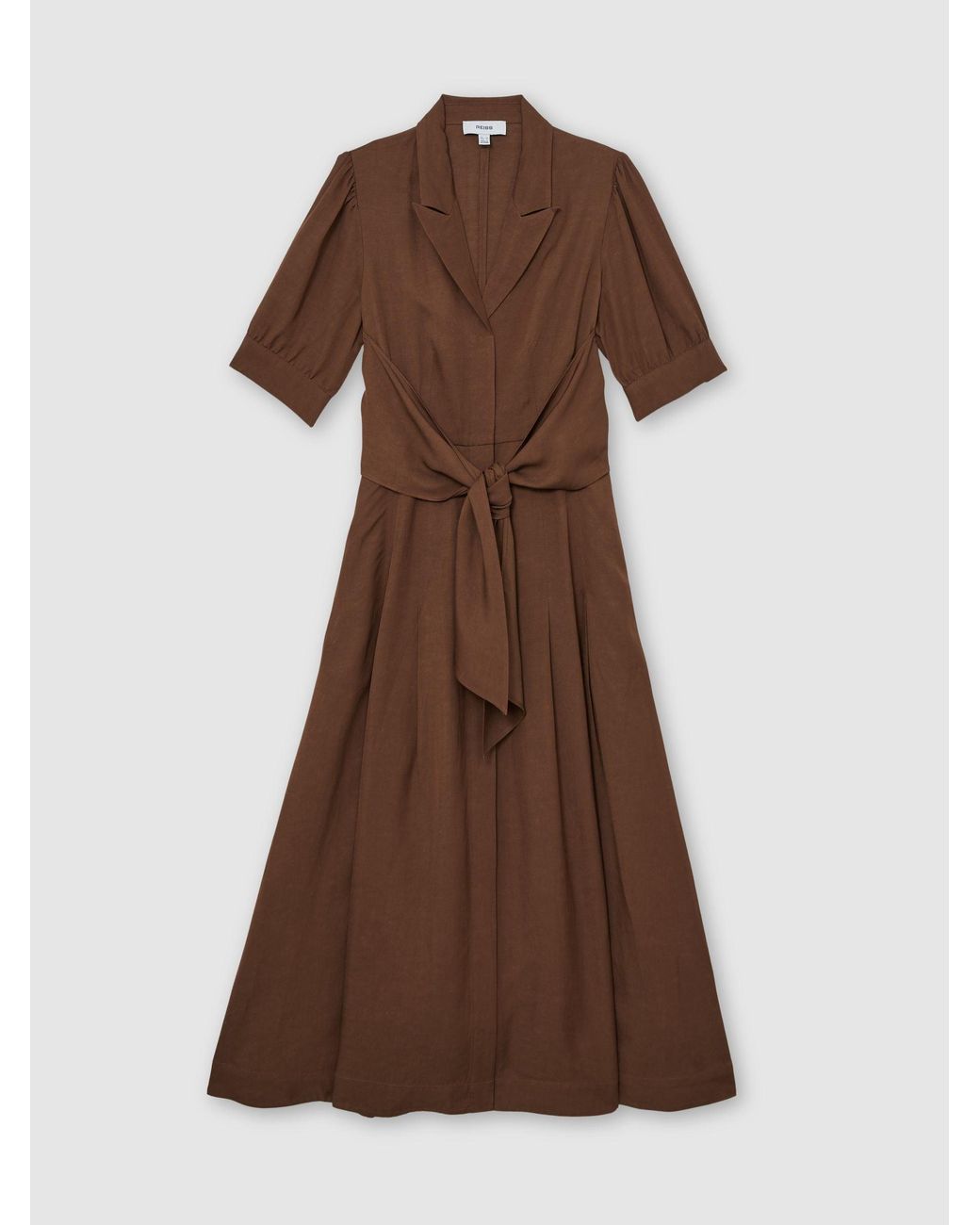 Reiss Brown Short-Sleeve Belted Midi Dress With Linen