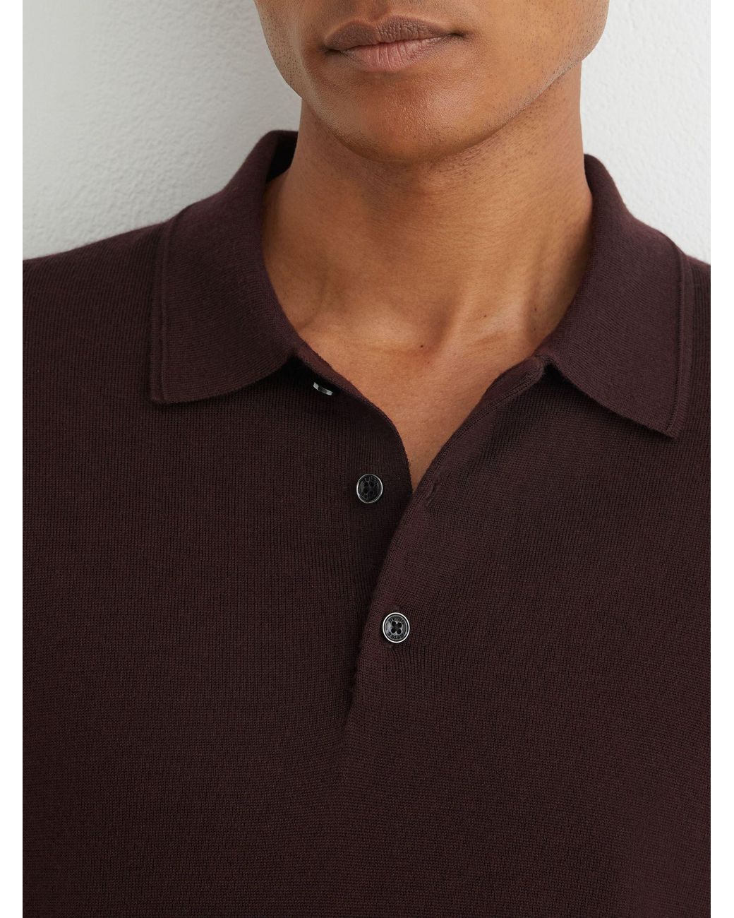 Reiss Brown Merino Wool Long-Sleeve Polo Shirt for men