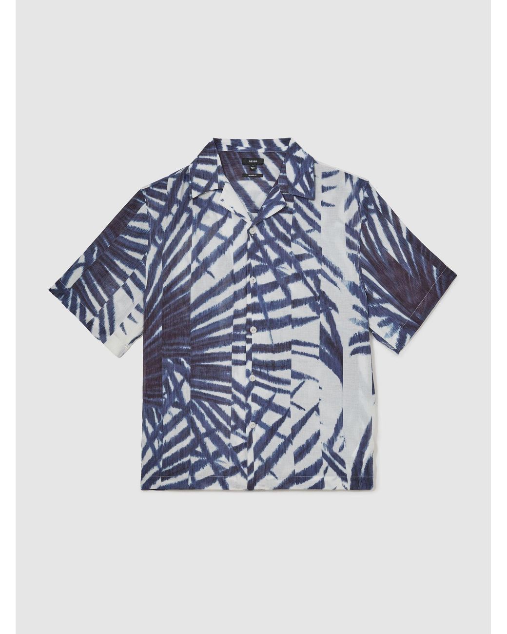 Reiss Blue Shindora - Navy/white Plissé Printed Cuban-collar Shirt, L for men
