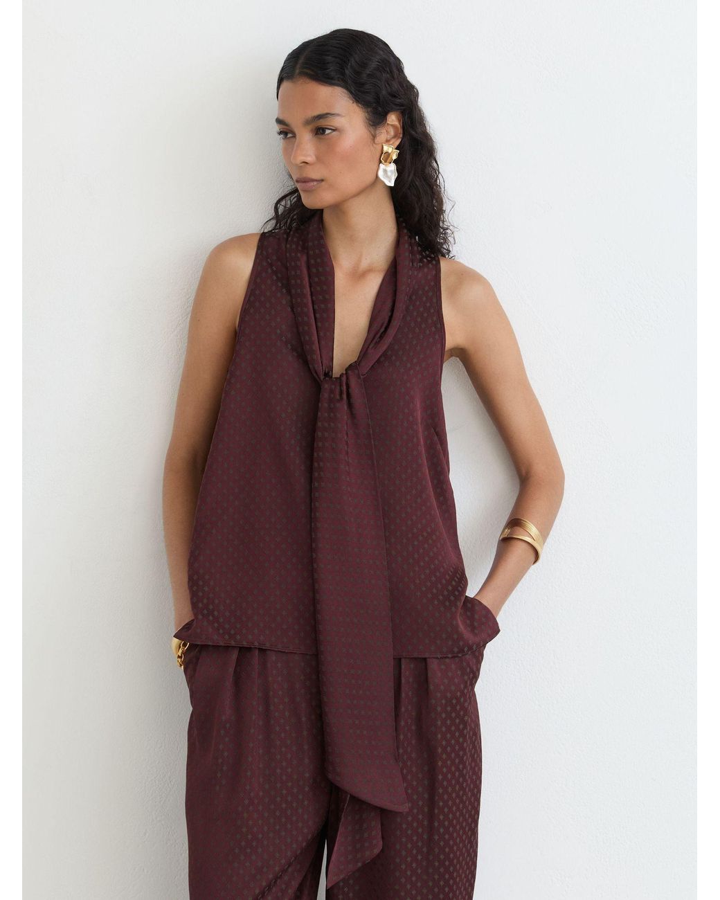 Reiss Purple Jacquard Tie-Neck Sleeveless Top