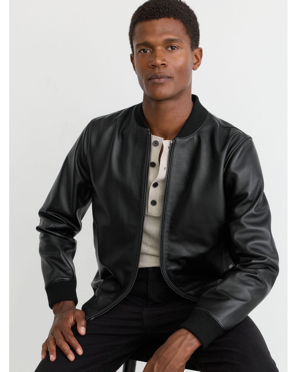 Reiss Gray Leather Bomber Jacket for men