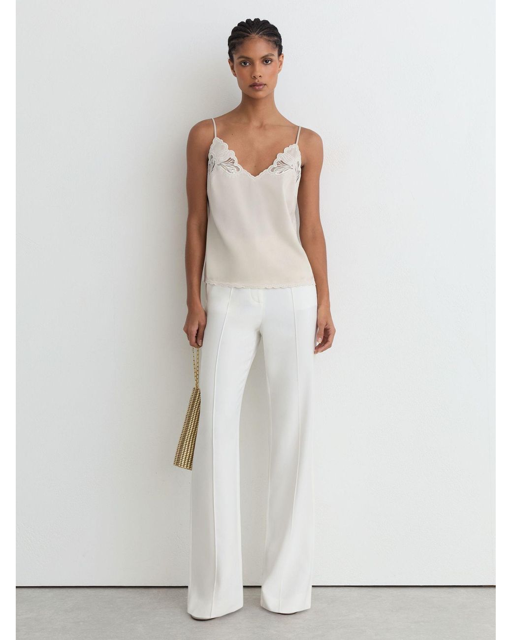 Reiss Natural Joanie - Neutral Satin Lace-detail Cami Top, Us 14